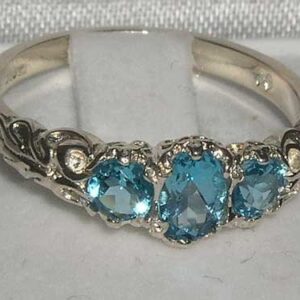 Ladies Solid Sterling Silver Real Genuine Blue Topaz English Victorian Trilogy Ring - Size 11