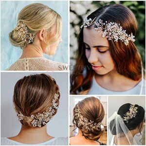 SWEETV Gold Rhinestone Wedding Headband Handmade Hair Band Bridal Headpiece Hair Accessories for Brides Bridesmaid