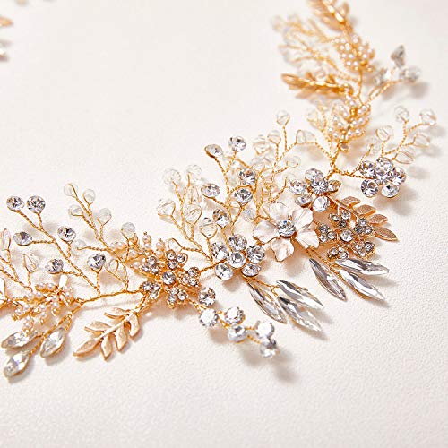 SWEETV Gold Rhinestone Wedding Headband Handmade Hair Band Bridal Headpiece Hair Accessories for Brides Bridesmaid