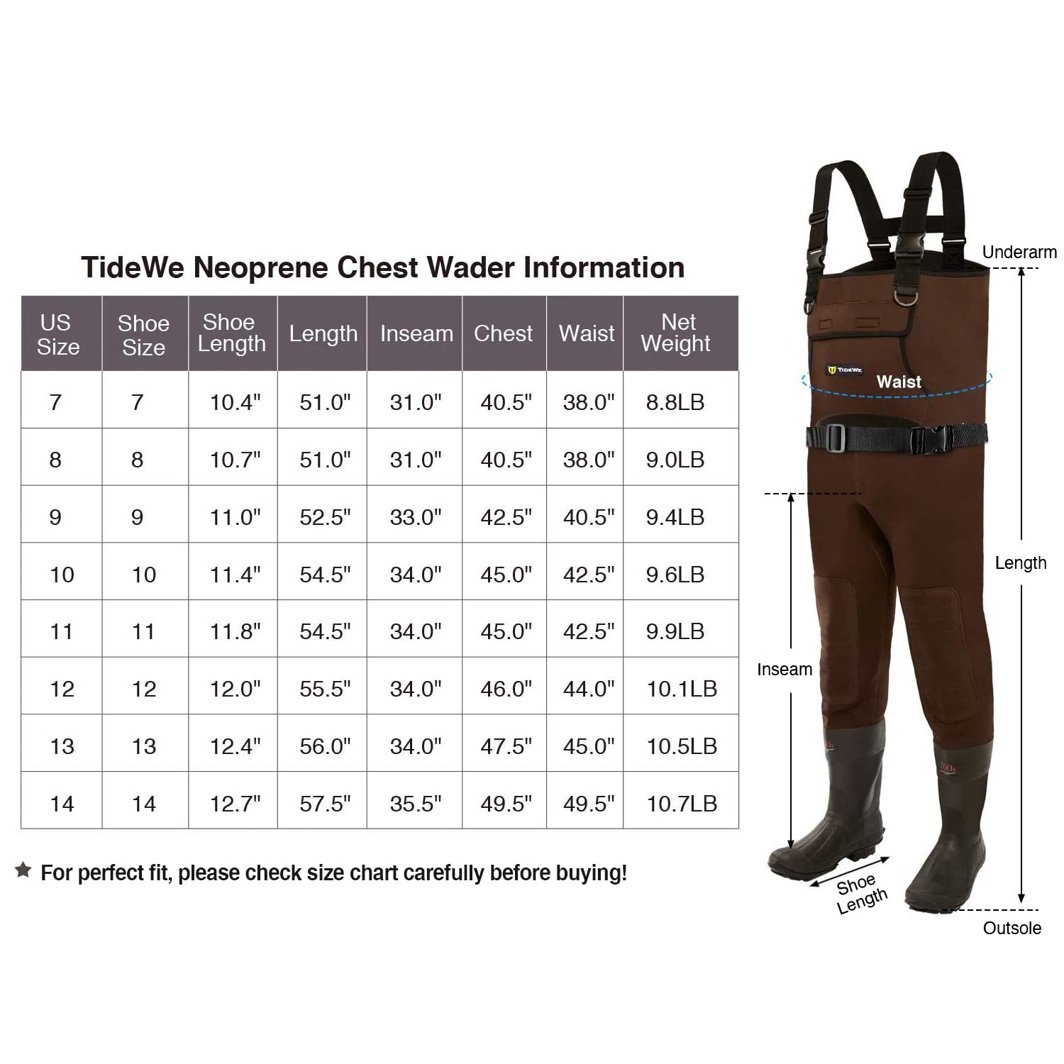 TIDEWE Neoprene Waders, Cleated Bootfoot Men Chest Waders, Waterproof Fishing & Hunting Chest Waders Brown Size 8