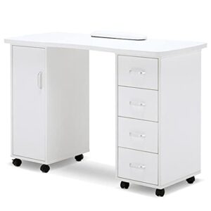 barberpub manicure table, acetone resistant nail desk, nail table with 4 drawers, 2 cabinet, lockable wheels, wrist pad, nail desk for nail tech, beauty salon white 0611