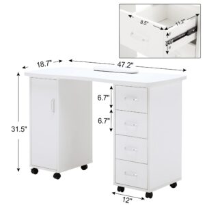 BarberPub Manicure Table, Acetone Resistant Nail Desk, Nail Table with 4 Drawers, 2 Cabinet, Lockable Wheels, Wrist Pad, Nail Desk for Nail Tech, Beauty Salon White 0611