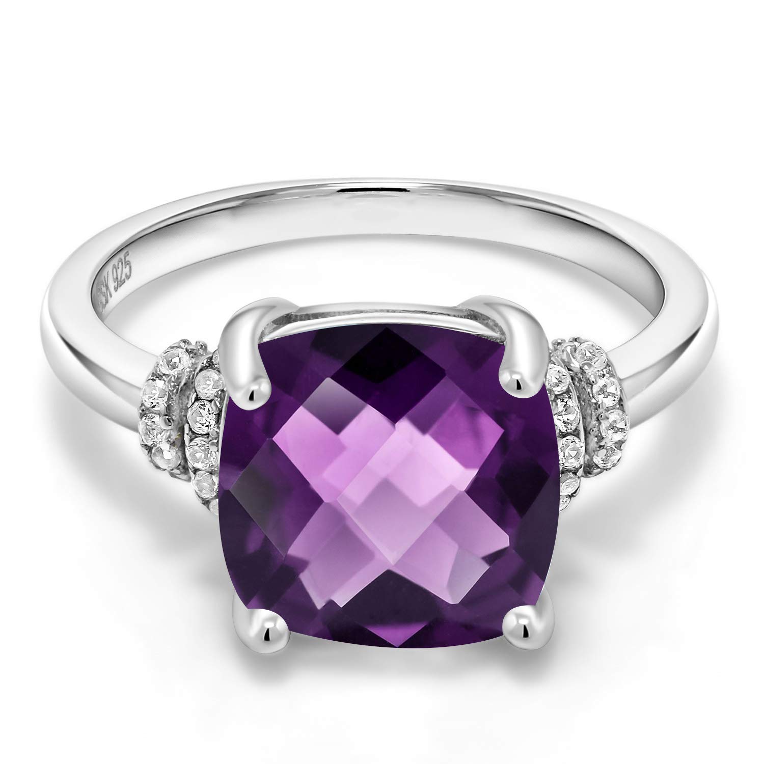 Gem Stone King 3.74 Cttw Amethyst Engagement Ring For Women In 925 Sterling Silver | Cushion Checkerboard 10MM | Gemstone Birthstone | Available In Size 5, 6, 7, 8, 9