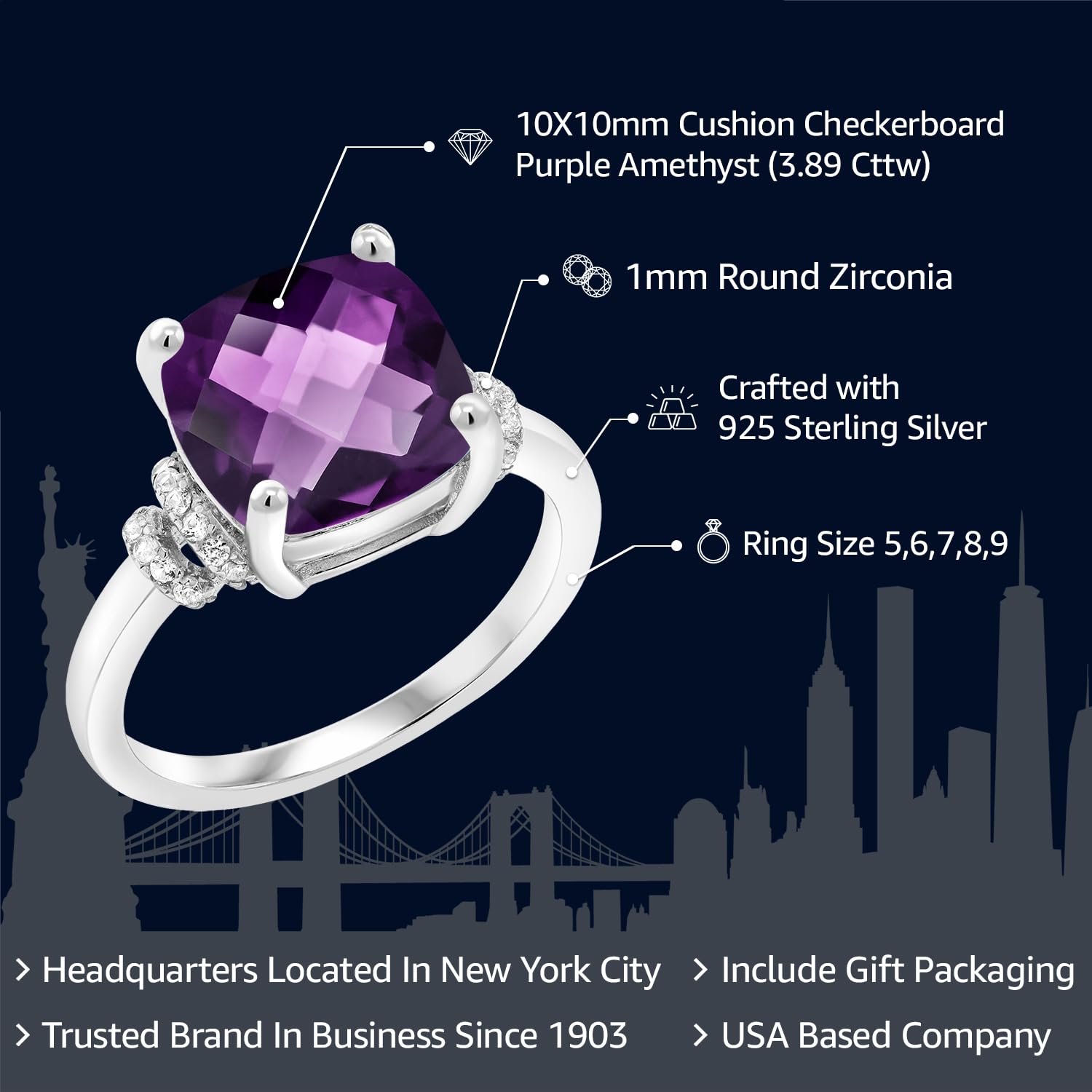 Gem Stone King 3.74 Cttw Amethyst Engagement Ring For Women In 925 Sterling Silver | Cushion Checkerboard 10MM | Gemstone Birthstone | Available In Size 5, 6, 7, 8, 9