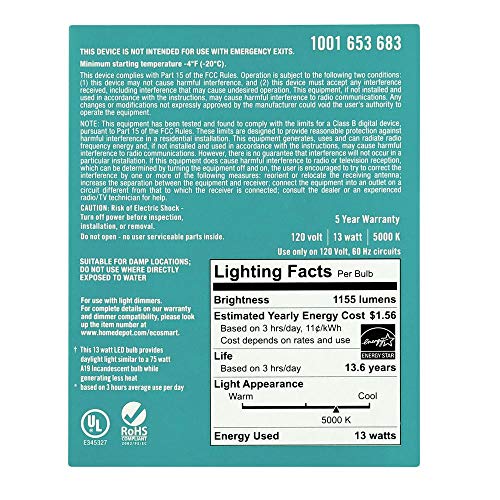 Ecosmart LED Dimmable 75-Watt Daylight Light Bulb, 1155-Lumen, 5000K, A19, E26 Base, 8 Bulbs