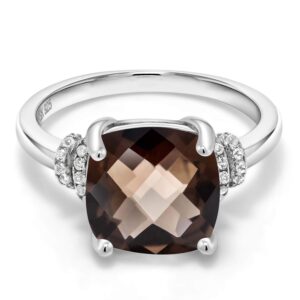 Gem Stone King 925 Sterling Silver Brown Smoky Quartz Engagement Ring For Women (3.36 Cttw, Cushion Checkerboard 10MM, Available in size 5, 6, 7, 8, 9)