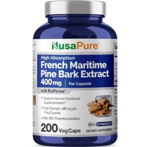 NusaPure French Maritime Pine Bark Extract 400mg per Veggie Caps 200-Day Supply Bioperine Non-GMO Vegan