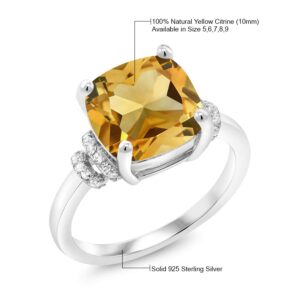 Gem Stone King 925 Sterling Silver Yellow Citrine Engagement Ring For Women (3.51 Cttw, Cushion Cut 10MM, Gemstone Birthstone, Available in size 5, 6, 7, 8, 9)