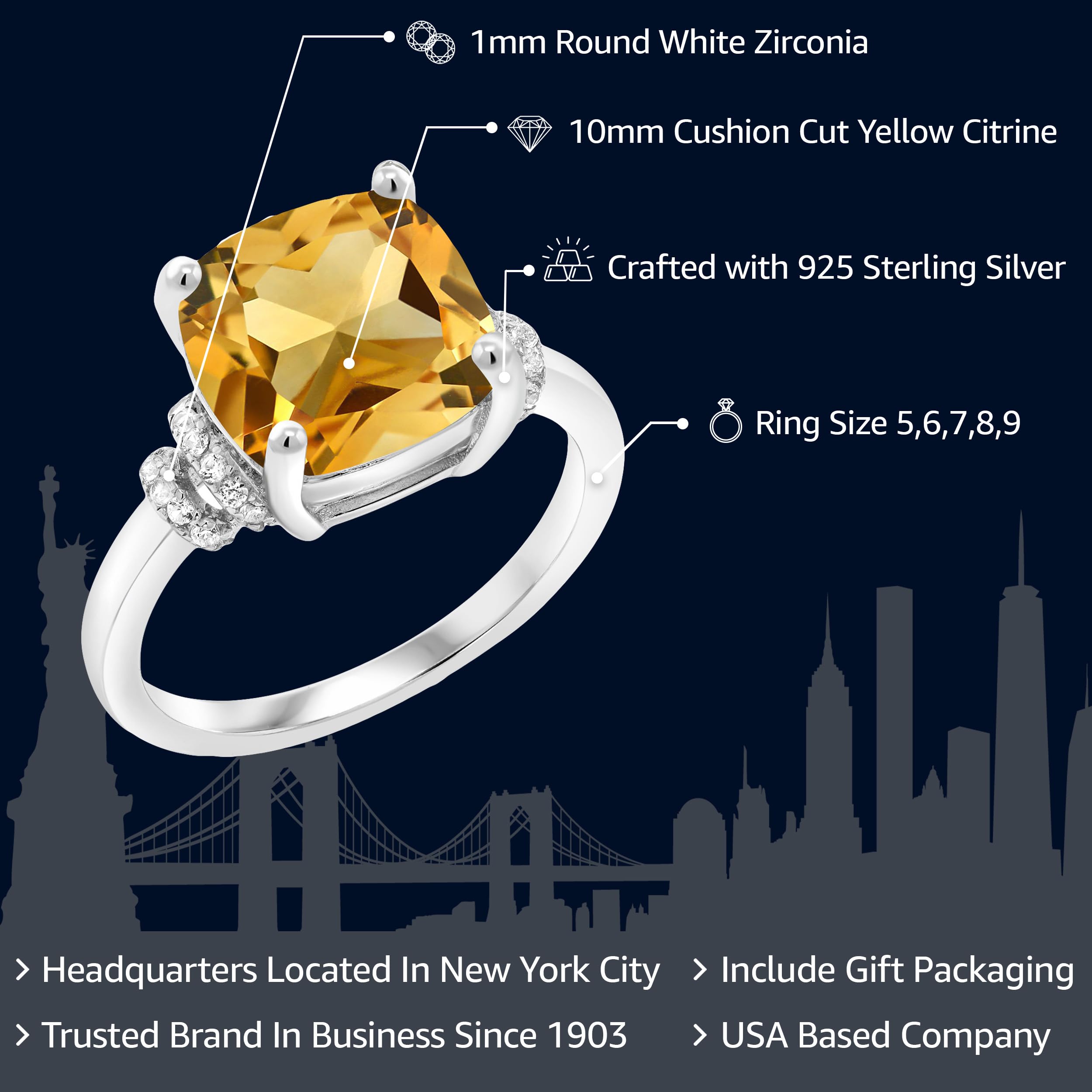 Gem Stone King 925 Sterling Silver Yellow Citrine Engagement Ring For Women (3.51 Cttw, Cushion Cut 10MM, Gemstone Birthstone, Available in size 5, 6, 7, 8, 9)