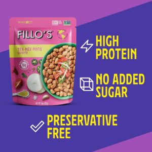 Fillo's Tex Mex Pinto Beans - Ready to Eat Beans, Gluten-Free, Preservative-Free, Microwavable, Non-GMO, Vegan Friendly, Plant Protein, 10 oz Pk of 6