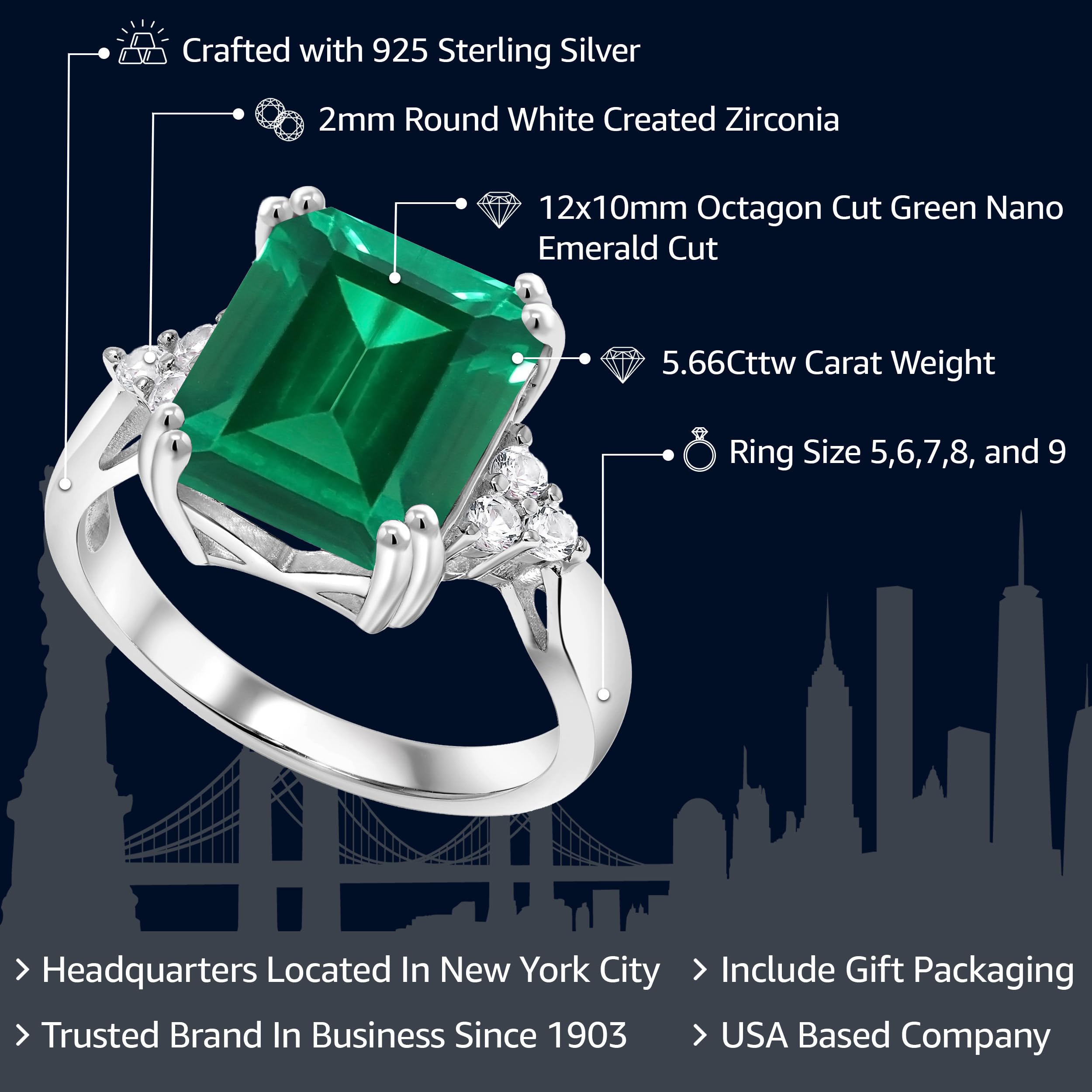 Gem Stone King 925 Sterling Silver 12X10MM Emerald Cut Gemstone Birthstone Engagement Ring | Wedding Anniversary Promise Ring For Women | Available In Size 5, 6, 7, 8, 9