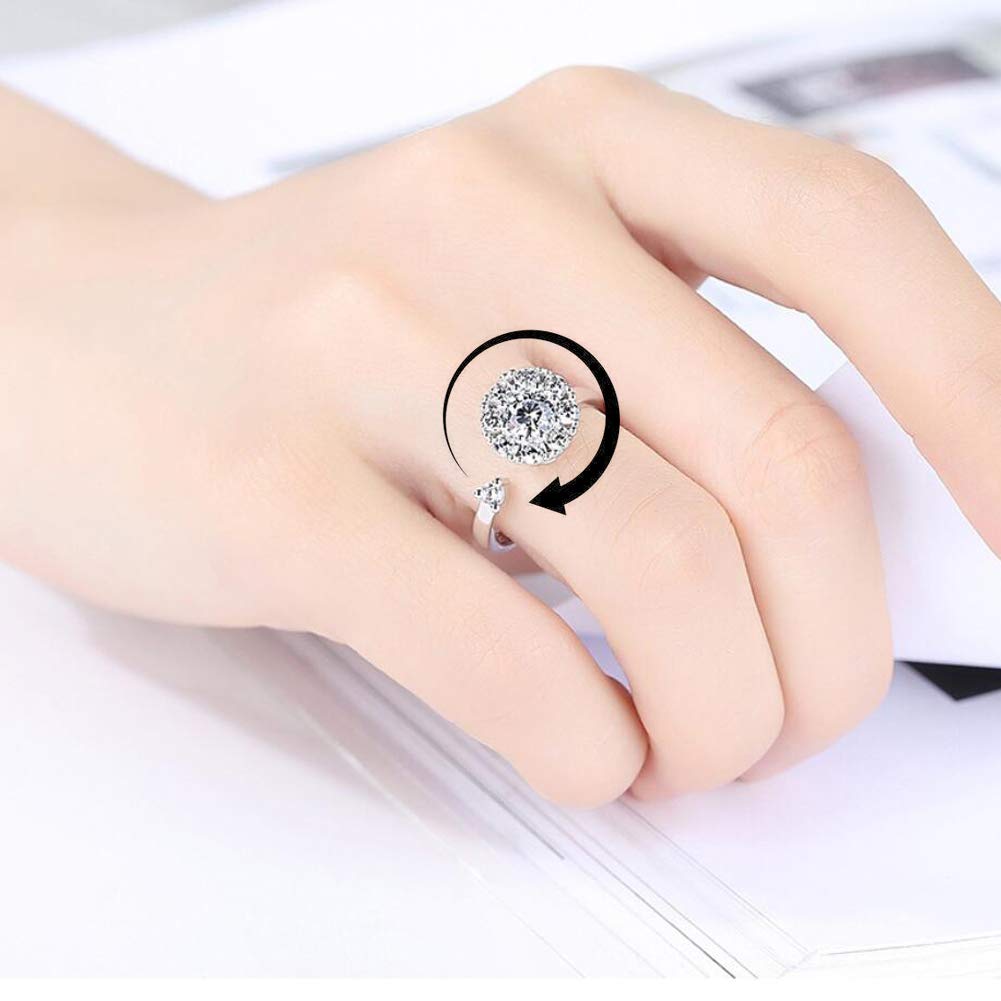 Bling Toman Womens Anxiety Ring 925 Sterling Silver Fidget Ring With Cubic Zircon Adjustable Stress Spinner Anxiety Ring for Women(Silver Band Ring)