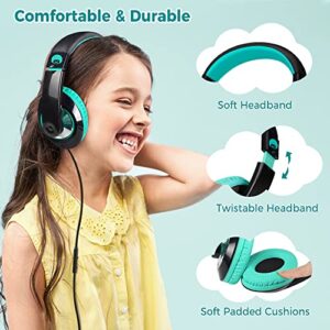 rockpapa Comfort+ Kids Headphones with Microphone, Boys Girls Student Over-Ear Headphones Wired for School Classroom Laptop PC Computer Tablet Black Teal