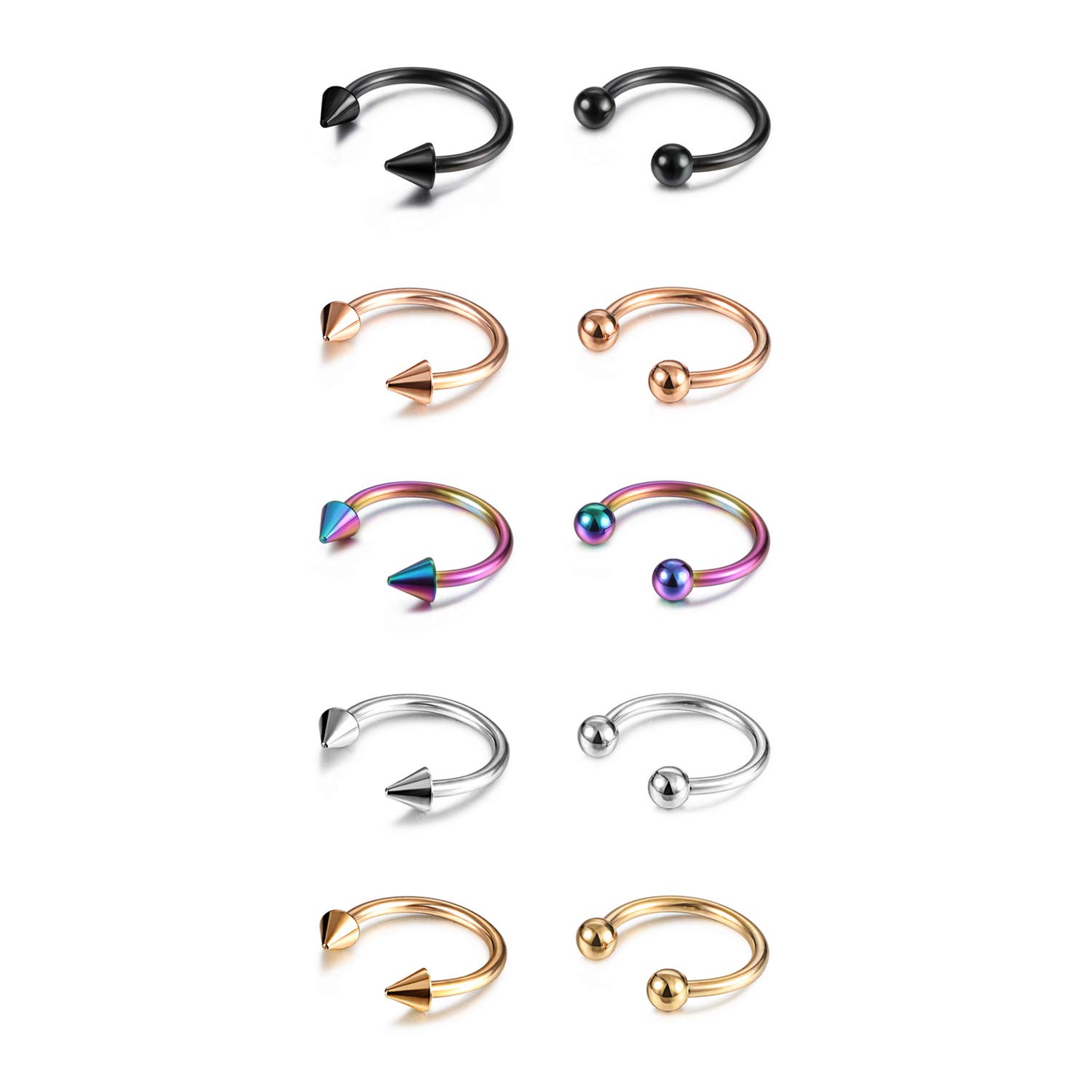 Evevil 14G 16G Septum Jewelry Surgical Steel Small Septum Ring for Women Men Nose Nostril Rings Lip Labret Cartilage Body Piercing (16G,10pcs,8mm,ball&spike)