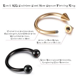 Evevil 14G 16G Septum Jewelry Surgical Steel Small Septum Ring for Women Men Nose Nostril Rings Lip Labret Cartilage Body Piercing (16G,10pcs,8mm,ball&spike)