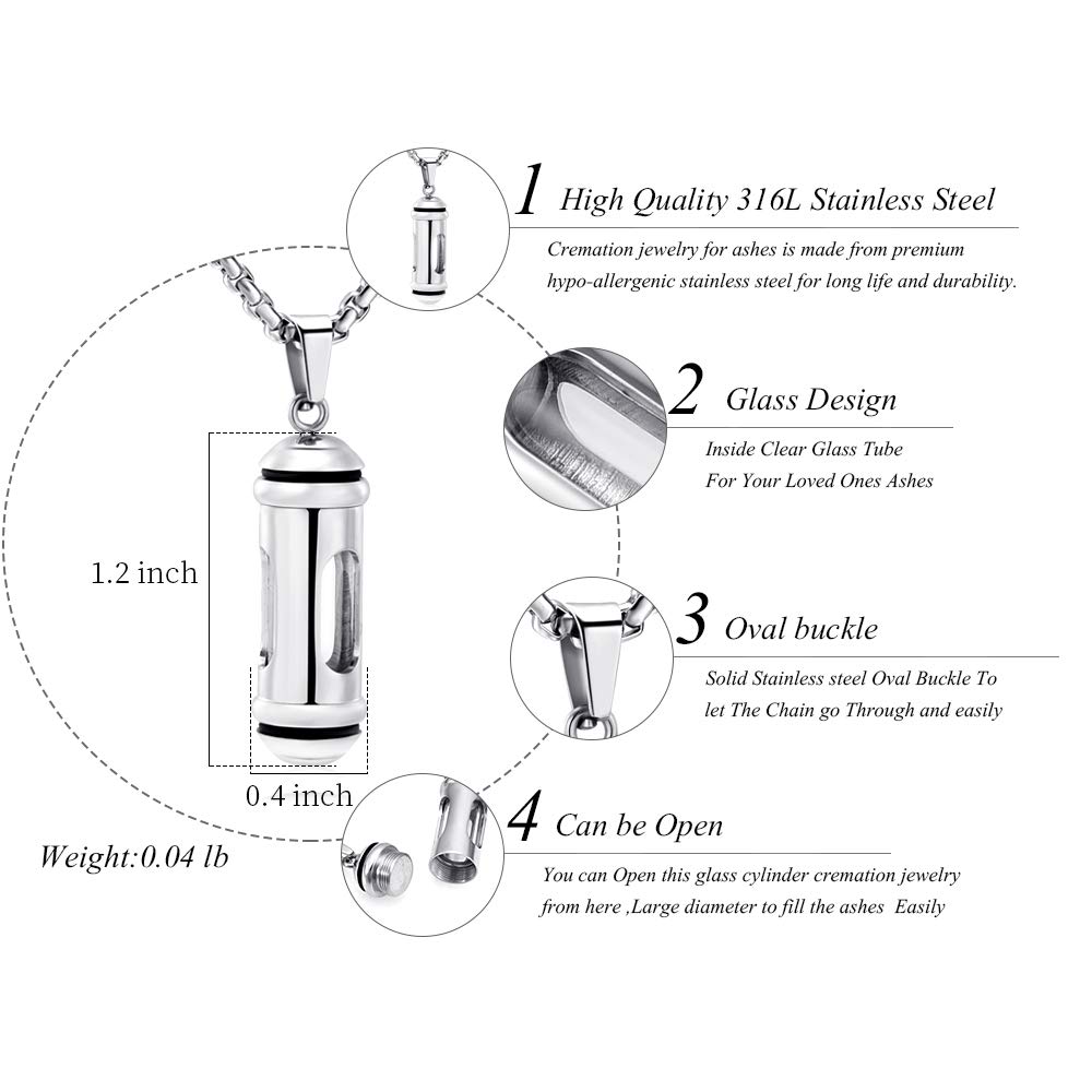 Oinsi Window of Glass Cylinder Cremation Urn Jewelry Keepsake Memorial Necklace Hold Ashes for Women (Silver Tone)