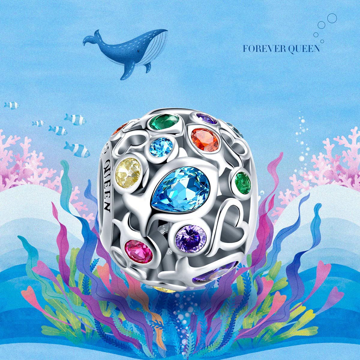 FOREVER QUEEN Rainbow Charm for Charms Bracelet, 925 Sterling Silver Openwork Beads Colorful Bead Charm with Skin-Friendly Fish Cubic Zircon Stone Perfect for Bracelet Necklace