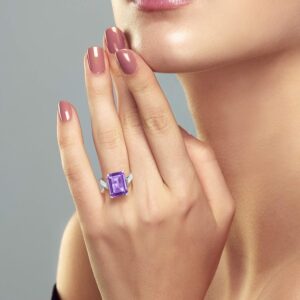 Gem Stone King 925 Sterling Silver Purple Amethyst Engagement Ring For Women (6.32 Cttw, Emerald Cut 14X10MM, Gemstone Birthstone, Available in size 5, 6, 7, 8, 9)