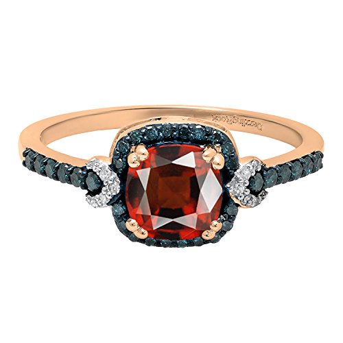 Dazzlingrock Collection 10K 6 MM Cushion Garnet & Round Blue & White Diamond Ladies Ring, Rose Gold, Size 9