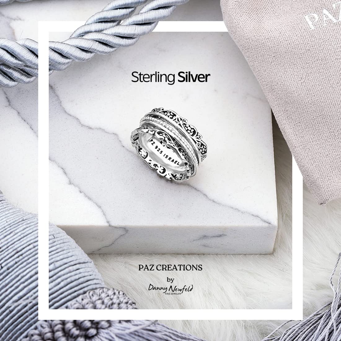 Paz Creations 925 Sterling Silver Spinner Ring/Fidget Ring/Anxiety Ring - 925 Sterling Silver Rings for Women, Stylish Boho Ring (Sterling Silver, Size 9)