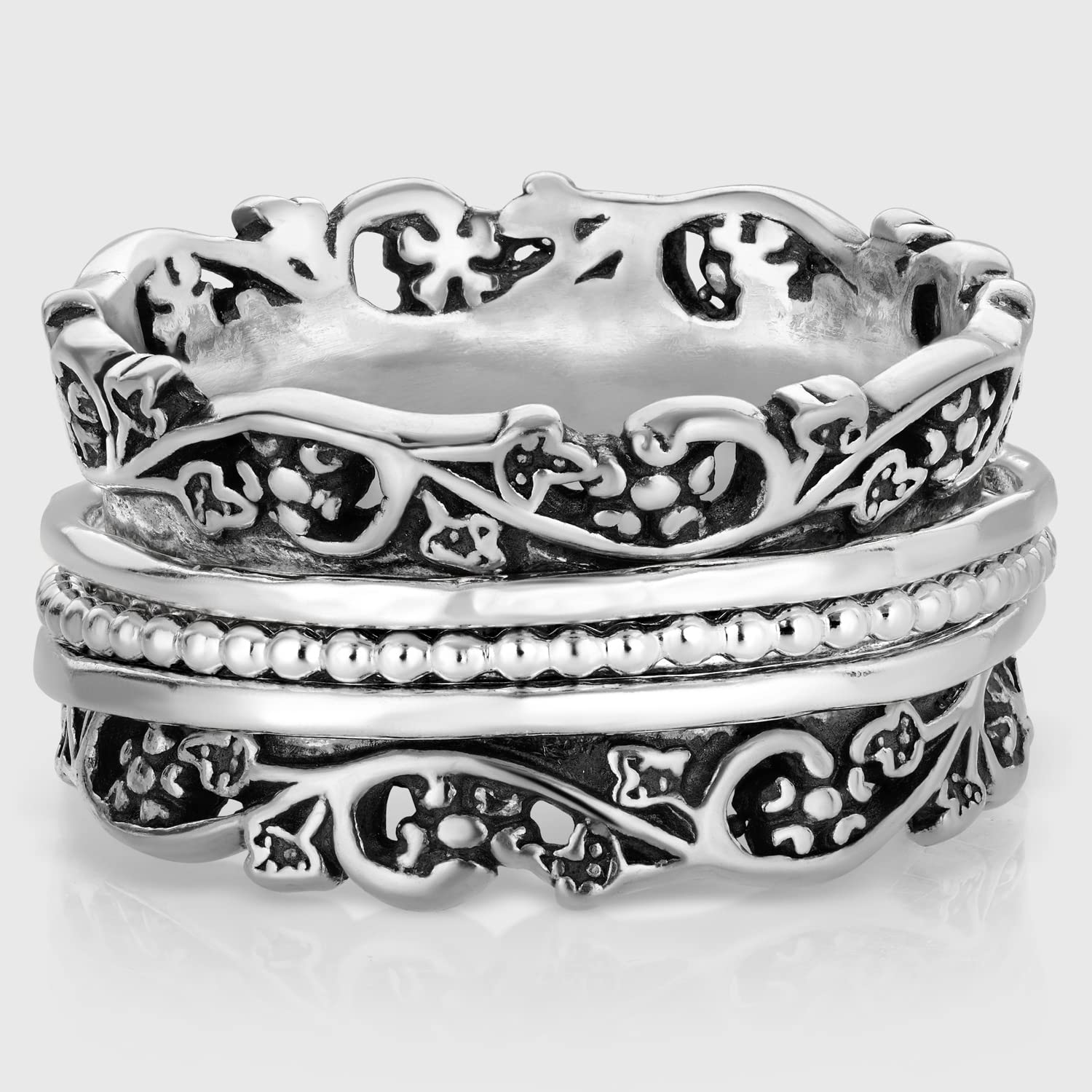 Paz Creations 925 Sterling Silver Spinner Ring/Fidget Ring/Anxiety Ring - 925 Sterling Silver Rings for Women, Stylish Boho Ring (Sterling Silver, Size 9)