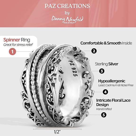 Paz Creations 925 Sterling Silver Spinner Ring/Fidget Ring/Anxiety Ring - 925 Sterling Silver Rings for Women, Stylish Boho Ring (Sterling Silver, Size 9)