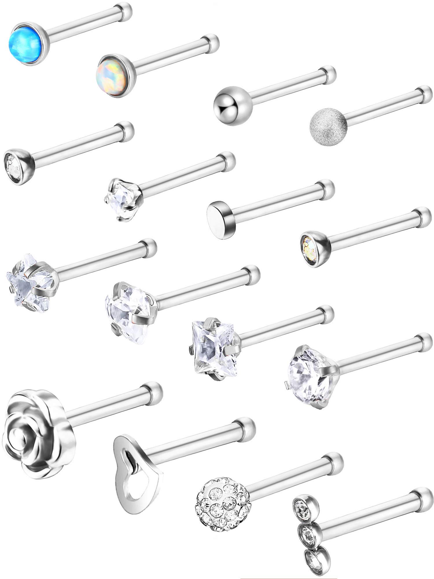 JOVITEC Stainless Steel Nose Stud Set Steel Nose Ring Rose Ball Labret Body Piercing Jewelry for Party Wear or Clothes Matching, 20 G (16 Pieces, Bone Stud)