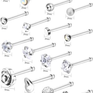 JOVITEC Stainless Steel Nose Stud Set Steel Nose Ring Rose Ball Labret Body Piercing Jewelry for Party Wear or Clothes Matching, 20 G (16 Pieces, Bone Stud)