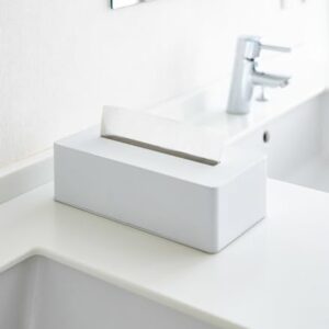 Yamazaki Home Rectangular Reusable Tissue Box Holder Cover Metal Container Case for Kitchen Bathroom or Bedroom Steel One Size White