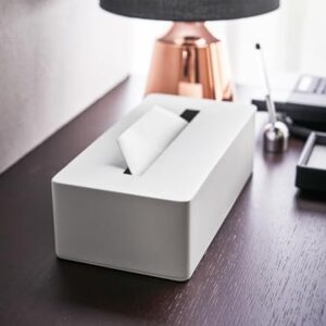 Yamazaki Home Rectangular Reusable Tissue Box Holder Cover Metal Container Case for Kitchen Bathroom or Bedroom Steel One Size White