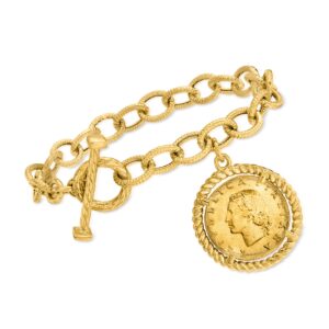 ross-simons italian 18kt gold over sterling replica lira coin and oval-link toggle bracelet. 7 inches