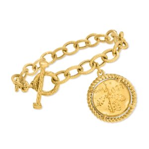 Ross-Simons Italian 18kt Gold Over Sterling Replica Lira Coin and Oval-Link Toggle Bracelet. 7 inches