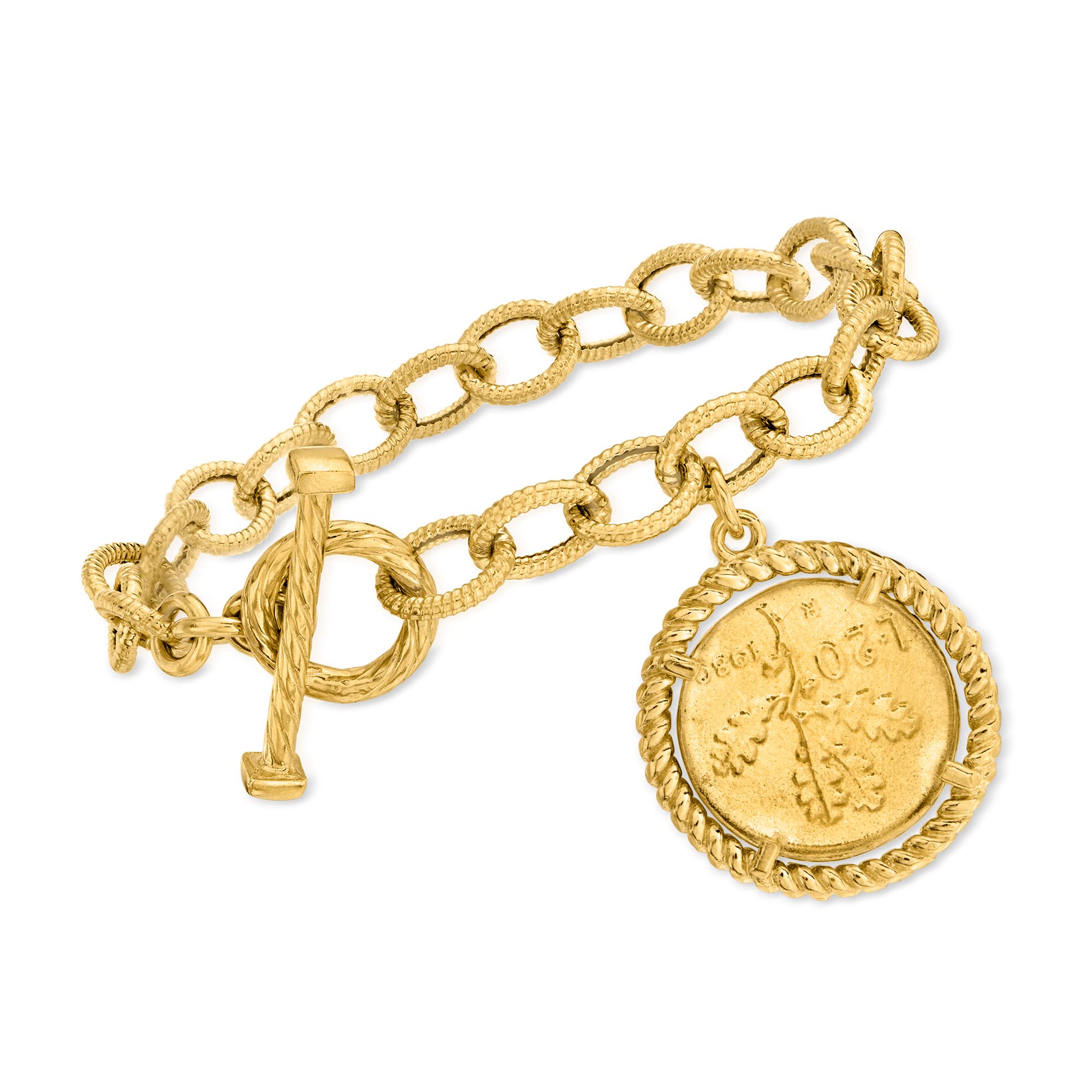 Ross-Simons Italian 18kt Gold Over Sterling Replica Lira Coin and Oval-Link Toggle Bracelet. 7 inches