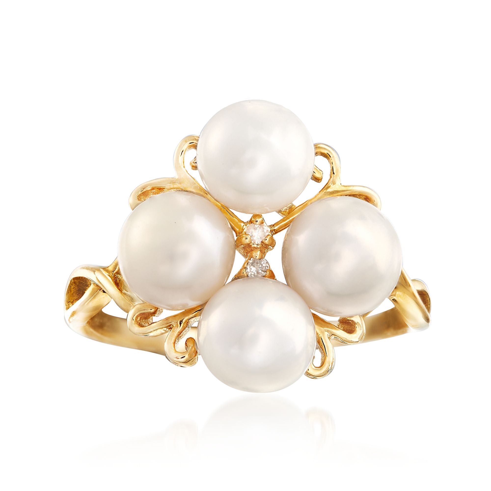 Ross-Simons 6-6.5mm Cultured Pearl Cluster Ring With Diamond Accents in 14kt Gold. Size 9