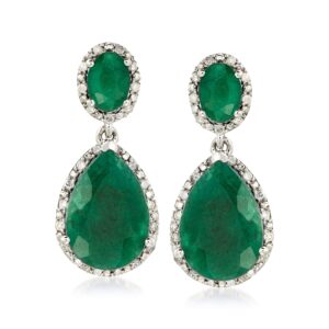 Ross-Simons 10.50 ct. t.w. Emerald and .35 ct. t.w. Diamond Drop Earrings in Sterling Silver