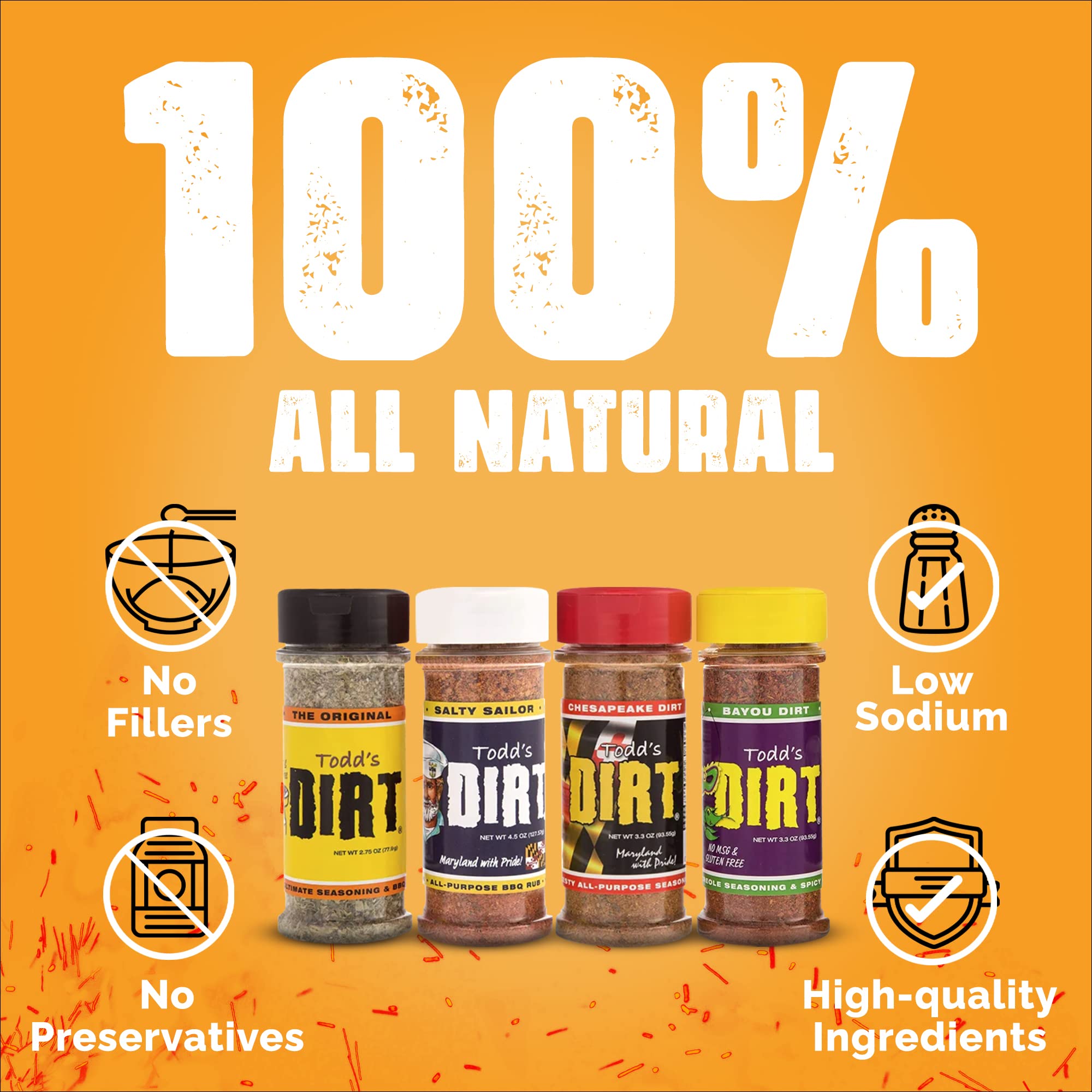 Todd’s DIRT - All Purpose Seasoning & BBQ Rub 4 Pack Sampler Set, Gourmet Seasonings and Rubs that are GREAT ON EVERYTHING, Low Sodium and 100% All Natural With No MSG & Gluten-Free