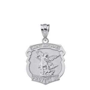 925 Sterling Silver Saint Michael Protect Us Shield Shaped Medal Pendant