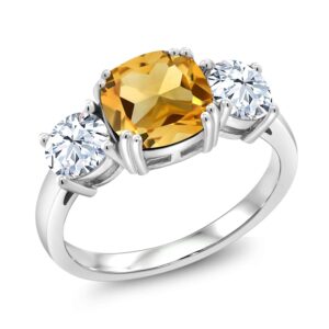 Gem Stone King 925 Sterling Silver Yellow Citrine 3 Stone Engagement Ring For Women | 4.50 Cttw | Gemstone November Birthstone | Cushion 8MM | Available in Size 5,6,7,8,9