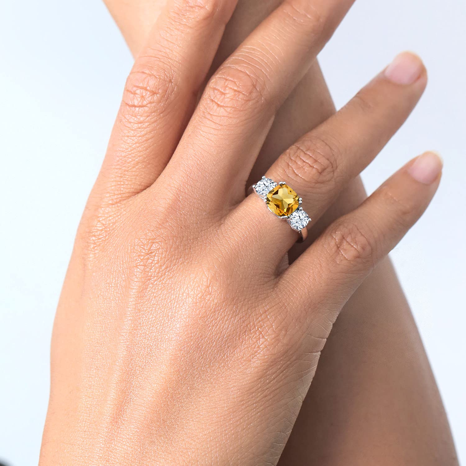 Gem Stone King 925 Sterling Silver Yellow Citrine 3 Stone Engagement Ring For Women | 4.50 Cttw | Gemstone November Birthstone | Cushion 8MM | Available in Size 5,6,7,8,9