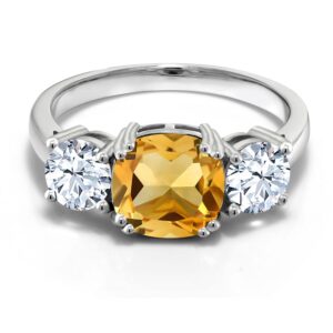 Gem Stone King 925 Sterling Silver Yellow Citrine 3 Stone Engagement Ring For Women | 4.50 Cttw | Gemstone November Birthstone | Cushion 8MM | Available in Size 5,6,7,8,9