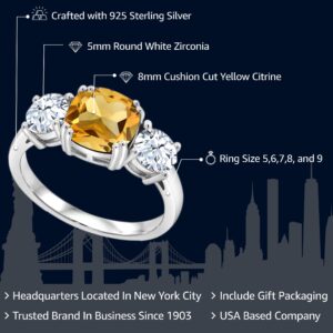 Gem Stone King 925 Sterling Silver Yellow Citrine 3 Stone Engagement Ring For Women | 4.50 Cttw | Gemstone November Birthstone | Cushion 8MM | Available in Size 5,6,7,8,9