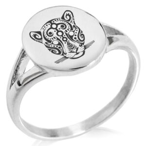 tioneer stainless steel mayan jaguar rune symbol minimalist oval top polished statement ring, size 9