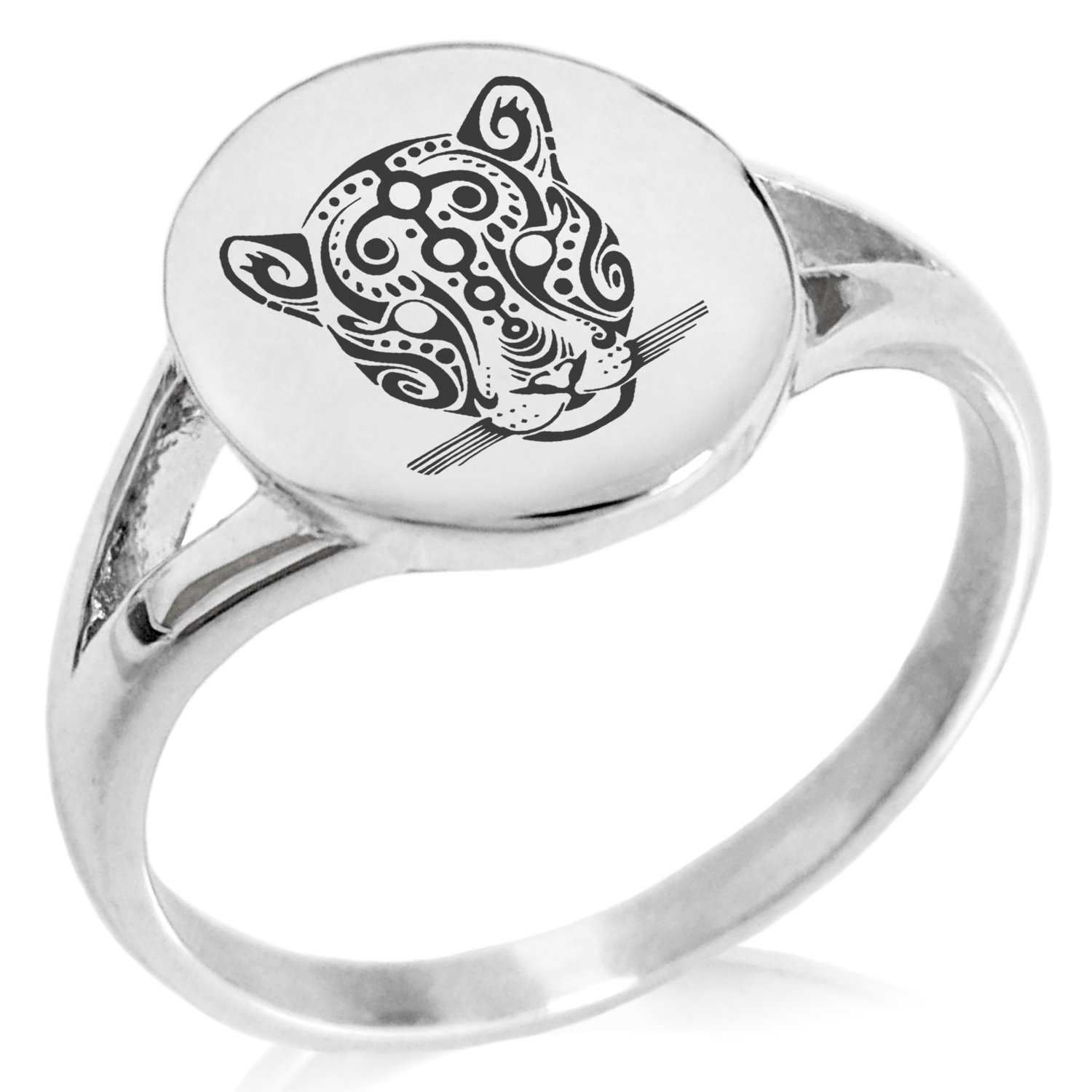 Tioneer Stainless Steel Mayan Jaguar Rune Symbol Minimalist Oval Top Polished Statement Ring, Size 9