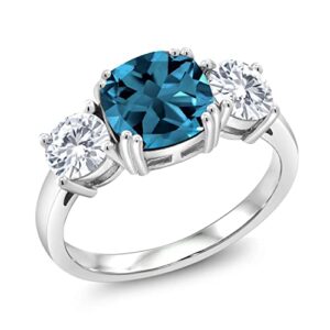 Gem Stone King 925 Sterling Silver London Blue Topaz and White Moissanite 3 Stone Engagement Ring For Women (3.74 Cttw, Gemstone November Birthstone, Cushion 8MM, Size 6)