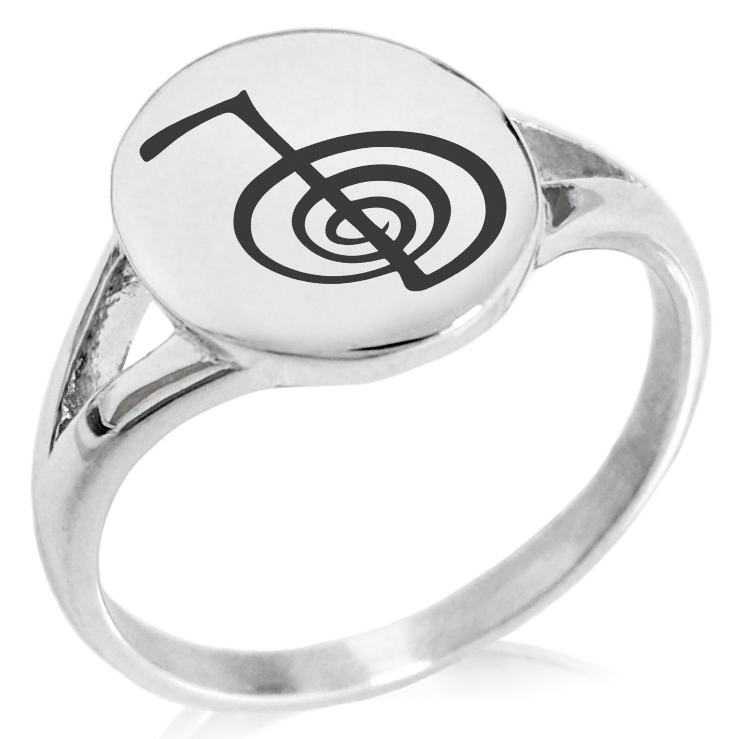 Tioneer Stainless Steel Reiki Cho Ku Rei Power Symbol Minimalist Oval Top Polished Statement Ring, Size 8