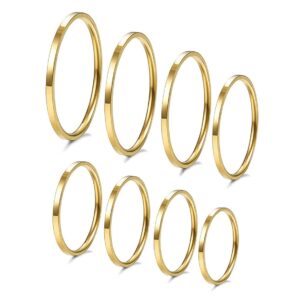 ifuaqz 8pcs 1mm thin stainless steel knuckle midi stacking rings for women plain band comfort fit gold, size 3 to 10