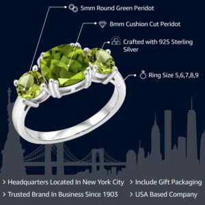 Gem Stone King 925 Sterling Silver Green Peridot 3 Stone Engagement Ring For Women (3.45 Cttw, Gemstone August Birthstone, Cushion 8MM, Size 7)