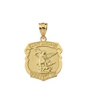 10k yellow gold saint michael protect us shield shaped medal pendant