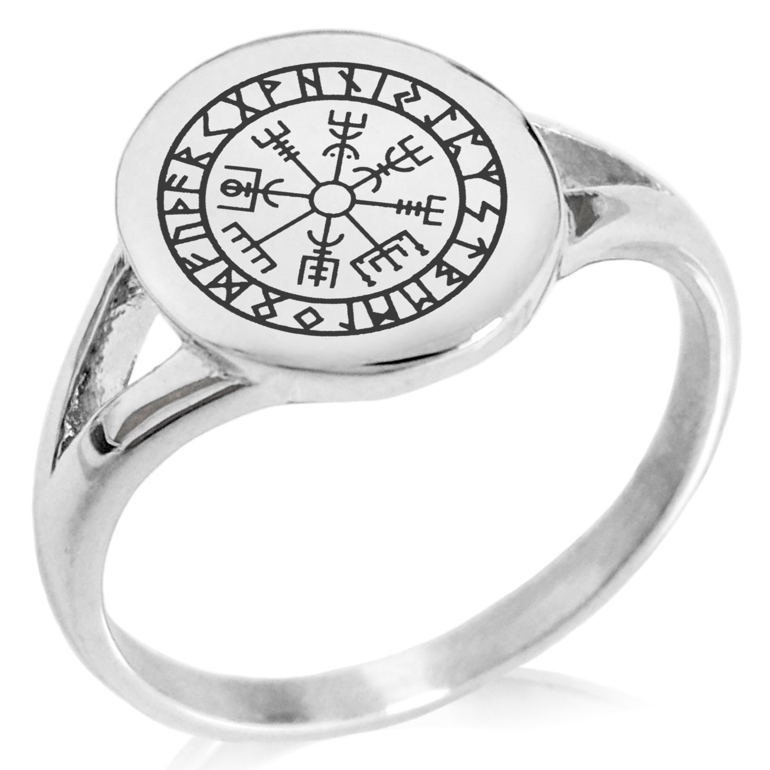 Tioneer Stainless Steel Icelandic Vegvisir Viking Rune Symbol Minimalist Oval Top Polished Statement Ring, Size 7