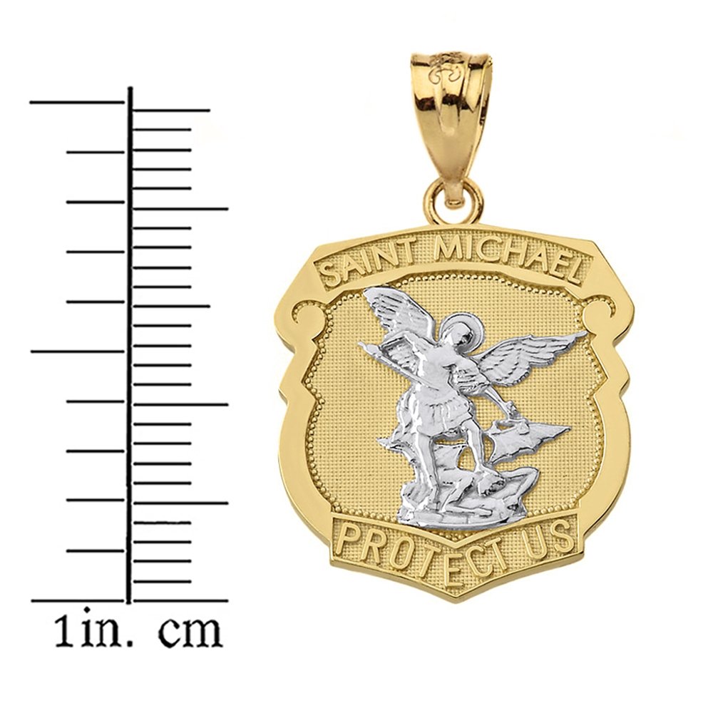 14k Two-Tone Gold Saint Michael Protect Us Shield Shaped Medal Pendant